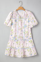 Pink Floral Striped Print Contrast Trim Tie Split Neck Mini Dress