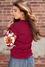 Wild Ginger Contrast Floral Sleeve Solid Ribbed Body Patchwork Long Sleeve Top