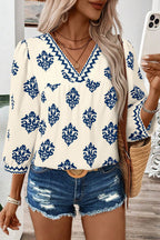 Green Damask Floral Print Contrast V Neck 3/4 Sleeve Blouse