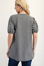 Celeste Full Size Gingham Print Top With Puff Sleeves Plus Size