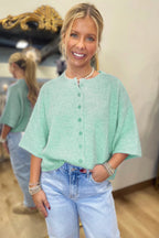 Beau Blue 3/4 Sleeve Boxy Knit Button Down Sweater Cardigan