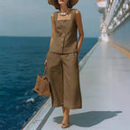 Women's Cotton Linen Square Neck Top & Capri Pants Set