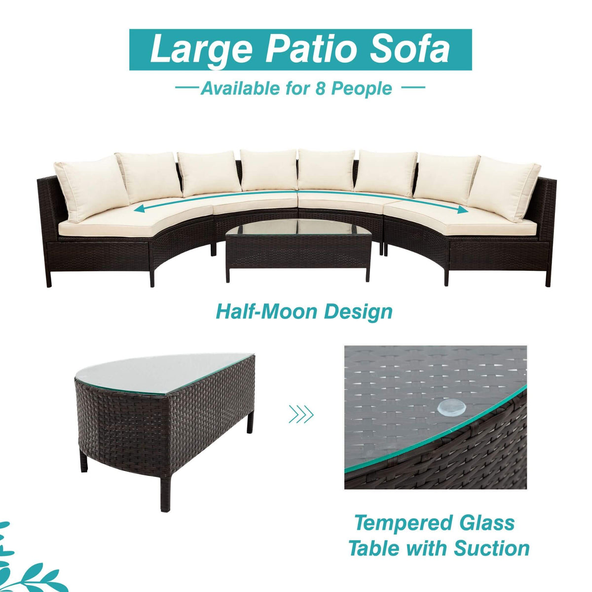 Premium 5-Piece All-Weather Half-Moon Outdoor Rattan Wicker Patio Sectional Sofa Furniture Set With Tempered Glass Table (SAK32615)