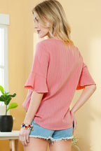 Beau Blue Ruffled Short Sleeve V Neck Textured Blouse