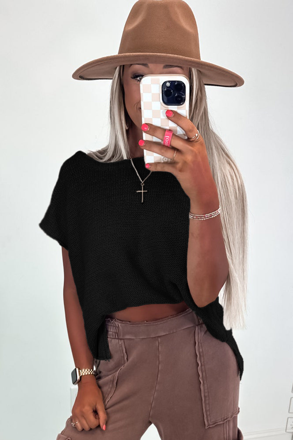 Black Solid Color Sweater Tee with Side Slits
