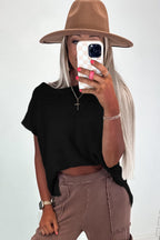 Black Solid Color Sweater Tee with Side Slits