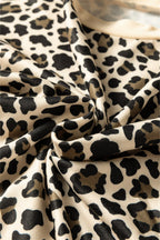Brown Leopard Print Contrast Trim Long Sleeve Pullover Drawstring Shorts 2pcs Outfit
