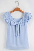 Beau Blue Textured Bow Knot Frilled Butterfly Sleeve Blouse