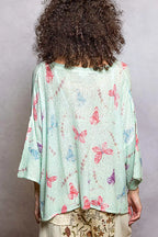 POL Butterflies Pattern Round Neck knit Top with Outseam Rolling Edge
