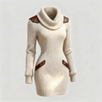 Casual Leather-Panelled Slim-Fit Turtleneck Knit Dress