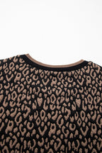 Black Leopard Print Puffy Bracelet Sleeve Contrast Trim Round Neck Top