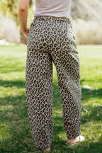 Khaki Leopard Print Drawstring Elastic Waist Loose Denim Pants with Pockets