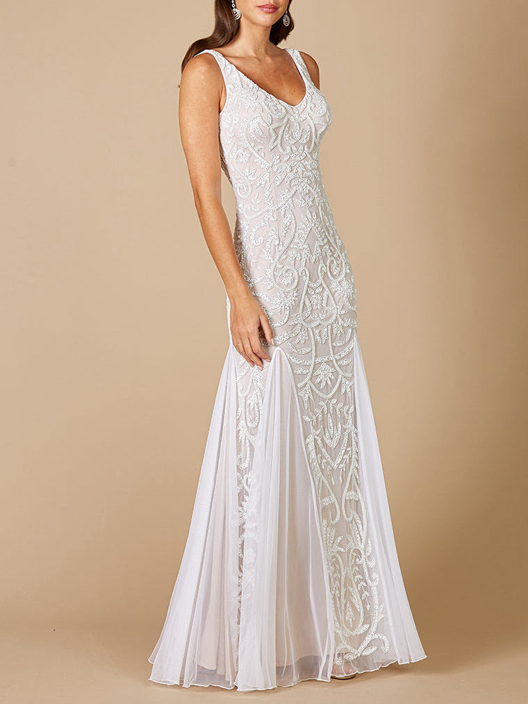 Lara Greta Beaded V-Neck Tulle Wedding Dress with Contrast Lining