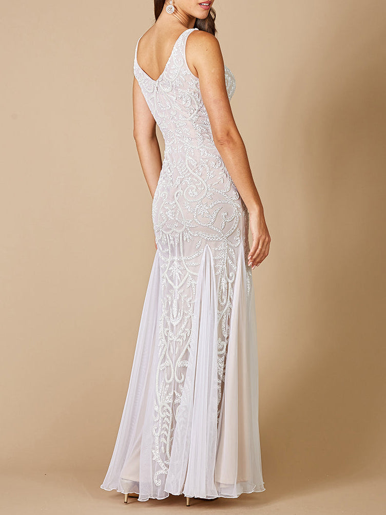 Lara Greta Beaded V-Neck Tulle Wedding Dress with Contrast Lining