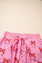 Pink Bow Print Striped Patchwork Elastic Waist Lace Trim Loose Shorts