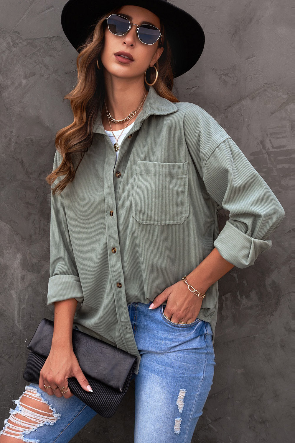 Pink Corduroy Button Pocket Shirt