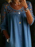 Women’s Loose Fit Hollow-Out Lace Denim Shirt