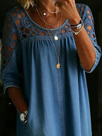 Women’s Loose Fit Hollow-Out Lace Denim Shirt