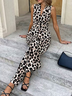 Sleeveless V-Neck Leopard Print Wide Leg Jumpsuit
