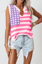 Pink Stripe USA Flag Notched Neckline Loose Knit Vest