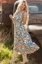 Green Floral Print Trimmed V Neck Tie Waist Sleeveless Holiday Long Dress