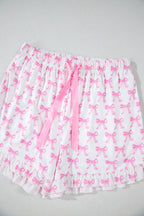 Pink Bowknot Print Shirt and Ruffle Hem Shorts Pajama Set