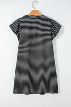 Blue Stripe Textured Knit V Neck Flutter Sleeve Shift Mini Dress