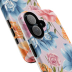 Floral Tough Phone Case Pink Vintage Roses & Blue Peonies Protective Cover