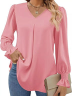V-Neck Long Sleeve Ruffle Cuff Blouse