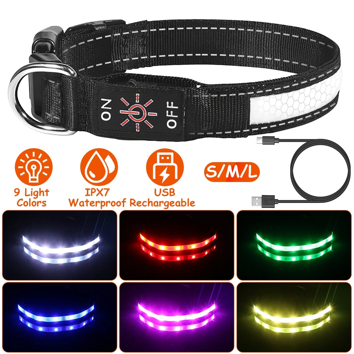 Light Up Dog Collar LED Dog Collar Safety Night Glowing Dog Collar with 9 Light Colors IPX7 Waterproof USB Rechargeable S/M/L