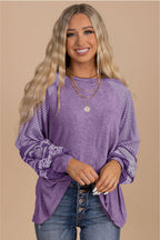 Tillandsia Purple Contrast Print Striped Raglan Long Sleeve Loose Top