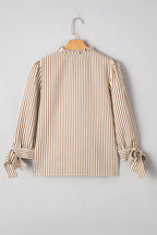 Straw Yellow Striped Print Tied Cuffs Split Neck Seersucker Blouse