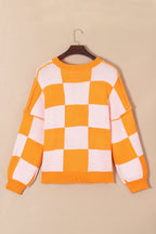 Dark Brown Plaid Bishop Sleeve Pullover Sweater