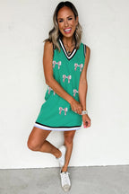 Mint Green Contrast Striped Detail Glitter Baseball Patched V Neck Tank Dress