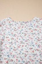 White Floral Print Textured Square Neck Slim Fit Long Sleeve Top
