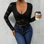 Women’s Lace Long Sleeve Bodysuit – Deep V Neck Solid Top