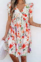 Pink Floral Double Ruffle Sleeve V Neck High Waist Mini Dress