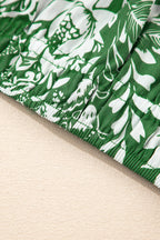 Green Floral Print Shirred Crop Top and High Waist Midi Skirt Set