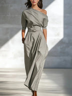 Women’s One-Shoulder Long Dress – Slanted Shoulder Waist-Defined Style