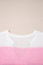 Pink Color Block Notch V Neck Sweater T Shirt