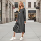 Women's Cotton Maxi Dress – Solid Color Long Sleeve A-Line with Pockets