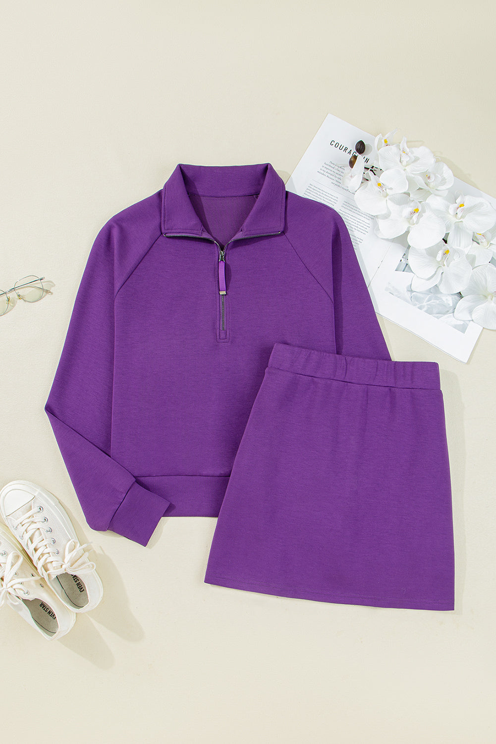 Pink Half Zip Sporty Pullover Mini Skirt 2pcs Outfit