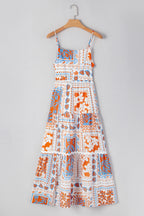 Orange Floral Print Ricrac Trim Spaghetti Straps Maxi Dress