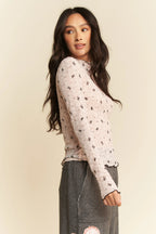 Davi & Dani Ribbon Bow Lace Hem Long Sleeve Mesh Layering Top