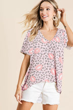 BiBi Leopard Lips Print Top V Neck Top