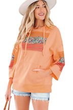 Grapefruit Orange Plaid Floral Patchwork Kangaroo Pocket Hooded Long Sleeve Top