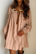 Khaki Floral Print Contrast Velvet Bow Lace Patchwork Long Sleeve Loose Mini Dress