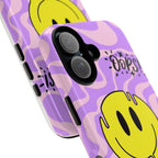Phone Case Dripping Yellow Smiley on Purple Swirl "Oops!" Design