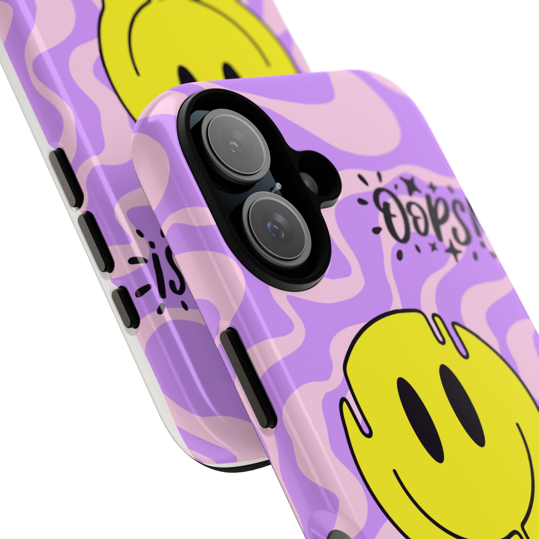 Phone Case Dripping Yellow Smiley on Purple Swirl "Oops!" Design