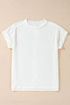White Crinkle Rib Textured Knit Round Neck T Shirt